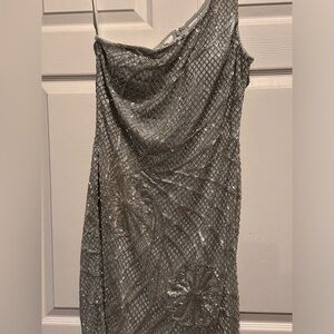 Dress one shoulder sequin metallic silver cocktail dress